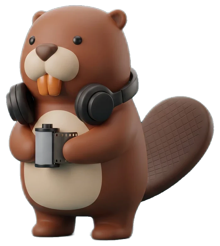Birch, a toy beaver holding a roll of film